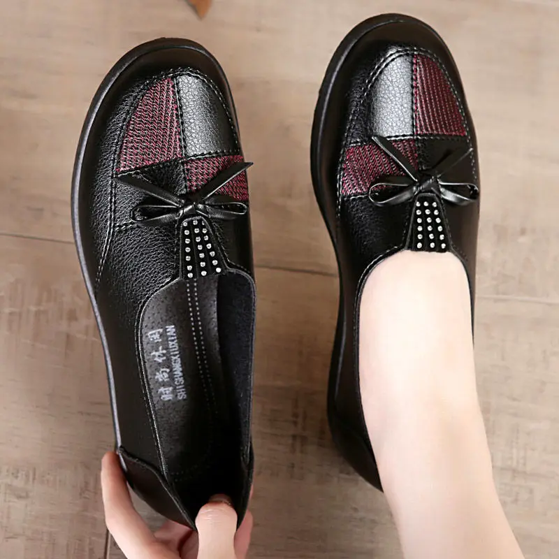 Women Leather Casual Shoes Female Bow Tied Black Loafer Woman Ladies Comfortable Soft Sole Shoes Flats zapatos de mujer