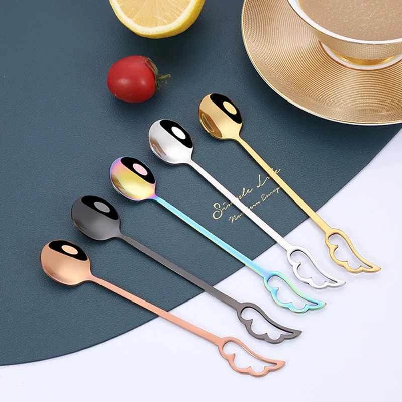 

Long Handle Coffee Stir Spoon Ice Cream Dessert Dinnerware Kitchen Tableware Stainless Steel Creative Wing Shape Teaspoon