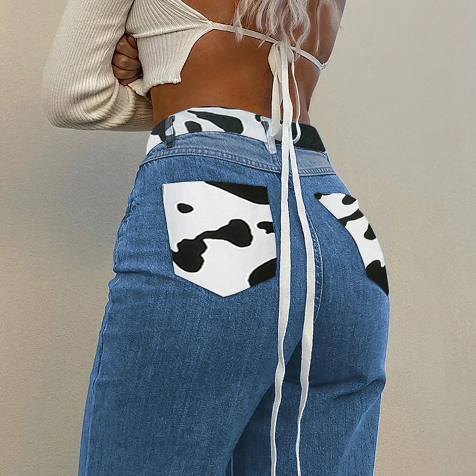

Vintage High Waist Jeans Women Fashion Cow Printed Matching Color block Straight-Leg Slim Jeans Denim Pants Vaqueros Mujer#35