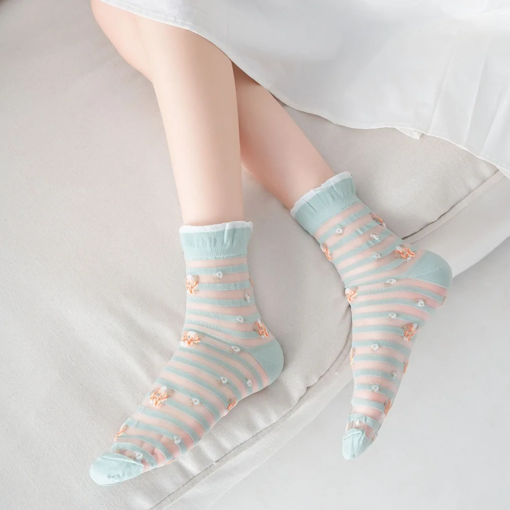 

Crystal Silk Frilly Socks Summer Thin Transparent Harajuku Retro Crew Socks Cartoon Animal Striped Sexy Lace Mesh Women's Socks