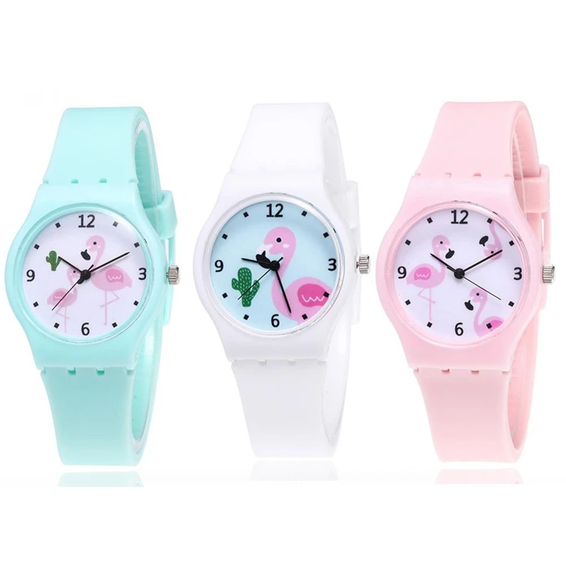 Часы Детские кварцевые с мультяшным фламинго круглым циферблатом и силиконовым