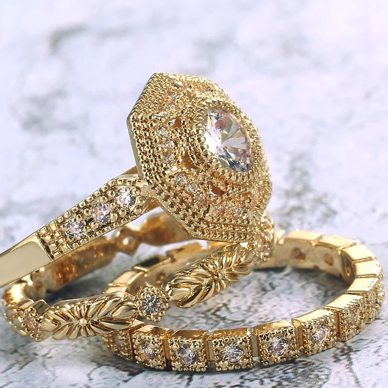 

Huitan Trendy Luxury 3 PC Bridal Ring Sets Noble Royal Golden Color With Cubic Zircon Stone Factory Wholesale Women Midi Ring