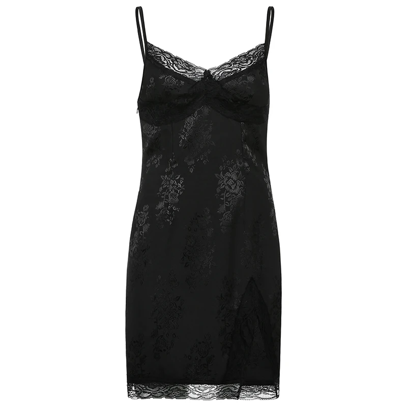 

OM Trendsetter Hall Pajamas Style Satin Lace V-neck Strap Little Short Dress Split Slimming Sheath Dress for Women