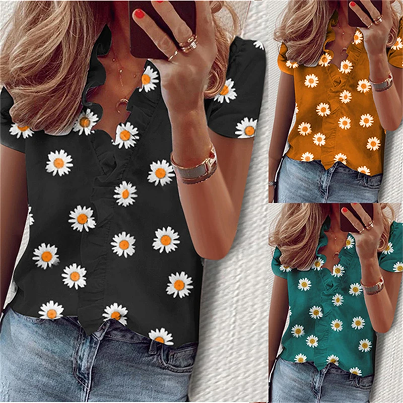 

Elegant Daisy Pineapple Print Blouse Shirts Office Lady 2021 Spring Summer Ruffle Women Blouses Sexy V-neck Short Sleeve Tops