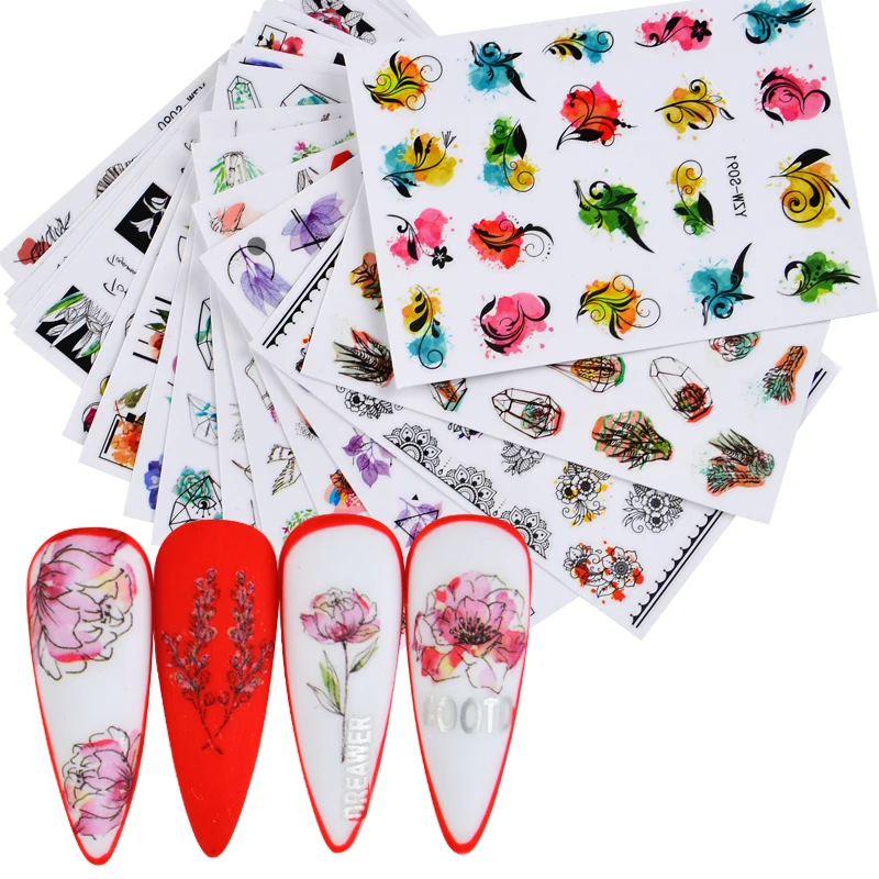 

1 Лист Листья наклейки для ногтей цветы в виде геометрических фигур Водные Наклейки абстрактный уход за кожей лица ползунок ногтей Фольга к...