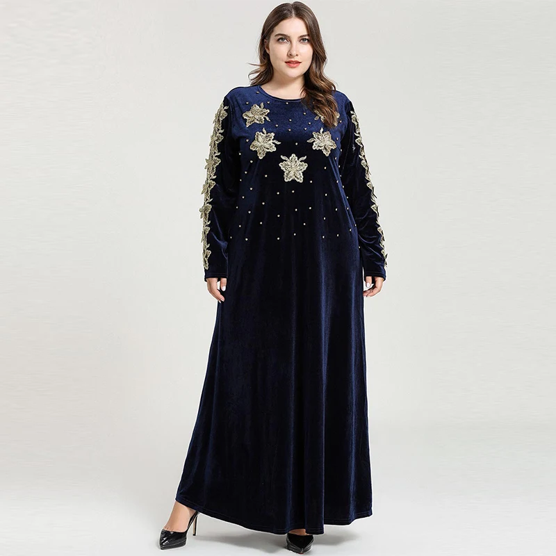 New Muslim Fashion Large Size Women's Middle East Arabic Embroidered Beaded Gold Velvet Dress Islamic Turkey Dubai Elegant Style |