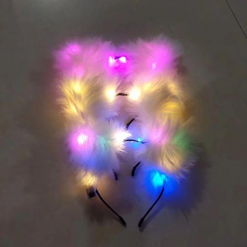 Discolor LED Headband Glow In The Dark Glowing Cute Fluffy Cat Ears Hair Hoop Baby Shower Halloween Christmas Dressing Costume images - 6