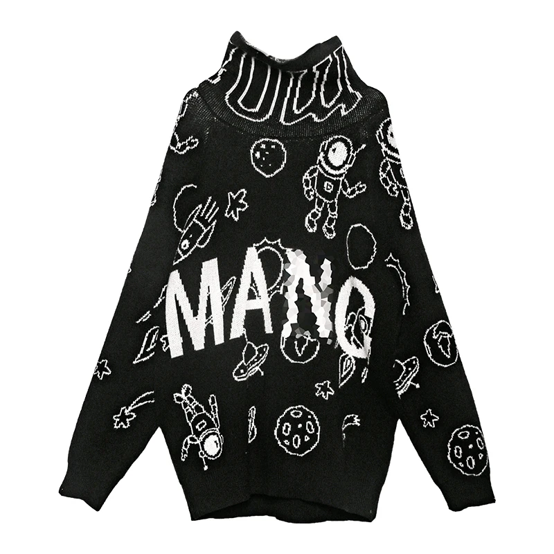 Women Casual Black Turleneck Sweater Letters and Space Pattern Loose Knitting Oversized Clothes | Женская одежда
