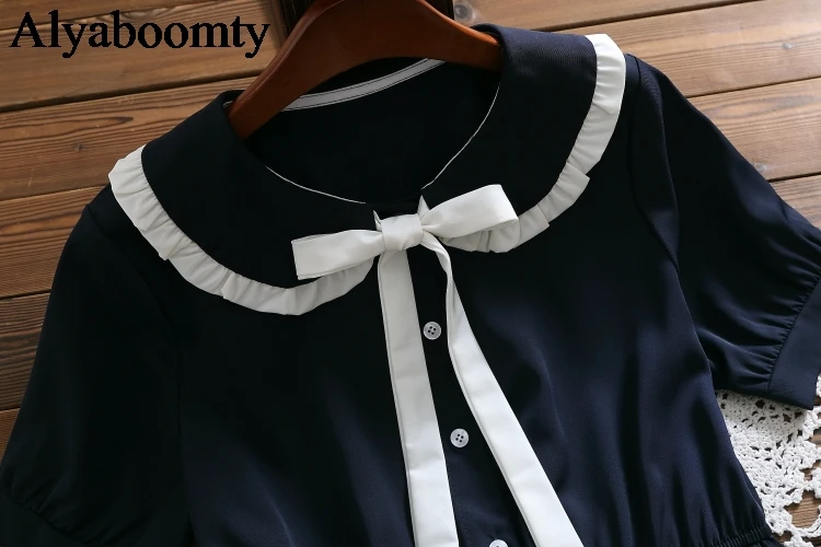 

2021 Summer Preppy Style Women Midi Dress Peter Pan Collar Apricot Navy Blue Bow Dress Short Sleeve Elegant Sweet Long Dresses