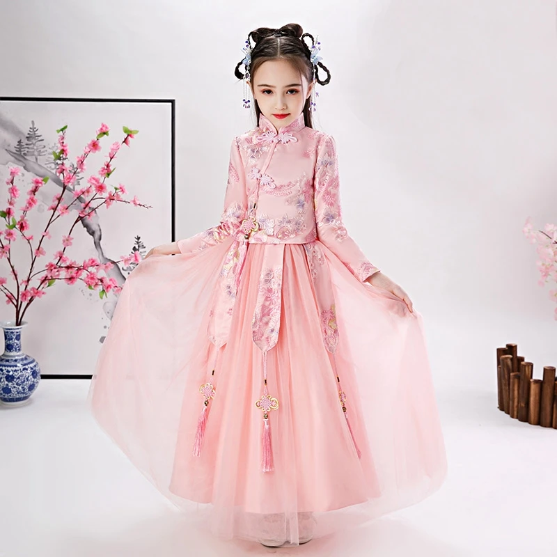 Розовое платье с цветочным узором для девочек Платья принцессы вышивкой