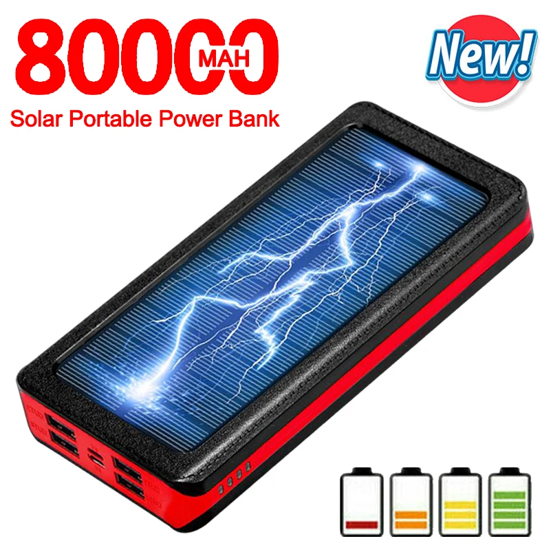 Solar 80000mAh Power Bank Portable Phone Fast Charger External Battery Large-capacity Powerbank Outdoor Travel Charger