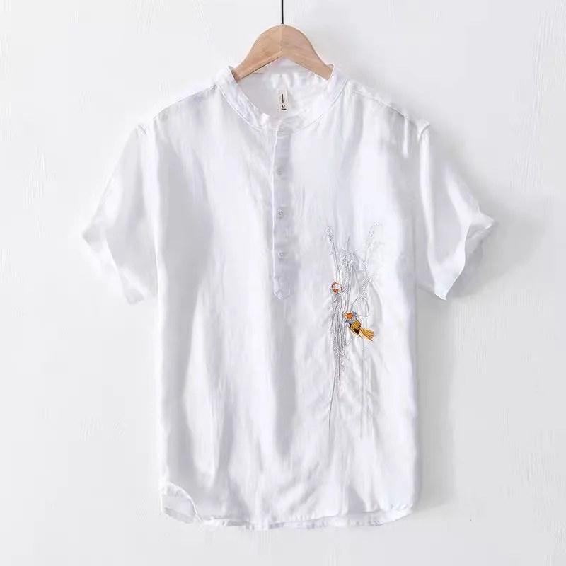 

Men's Spring/Summer Linen Short Sleeve Shirt Simple Button Casual Embroidered Casual Shirt