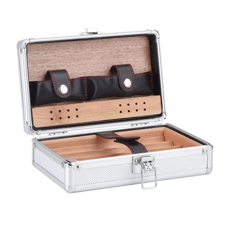 

Desktop Portable Humidor Case Cigar Box Suitcase Cedar Wood Aluminum Exterior Outdoor Travel Case for Cigar Lovers