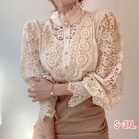 women lace blouses tops spring sweet new stand collar exquisite pearl buttons patchwork shirts elegant floral embroidery chic