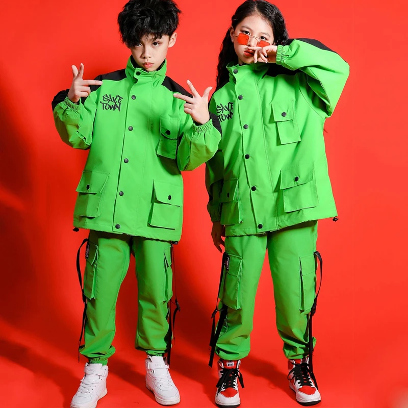 

Children's Hip-hop Dance Costumes Kids Boy Fluorescent Green Overalls Costume Girls Jazz Dance Street Practice Clothes 110-170