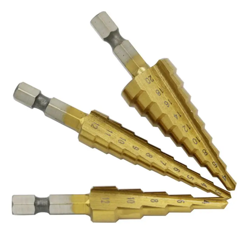 

W3JA 3pcs/set 3-12mm 4-12mm 4-20mm Step Cone Drill Bit Hexagonal Shank High Speed Steel Hole Cutting Wood Metal