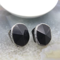 1pcsnatural stones cut faceted obsidian open tower ringsadjustable black quartz vintage ring diy jewelry charms unisex gift