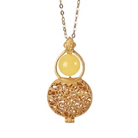 s925 sterling silver gold plated natural amber amber beeswax gourd personality hollow out can be opened womens pendant