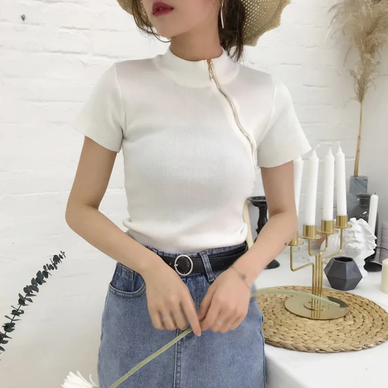

Short Sleeve Black T Shirt Women Fitness Casual Crop Woman T-shirts Top O Neck Zipper T-shirt