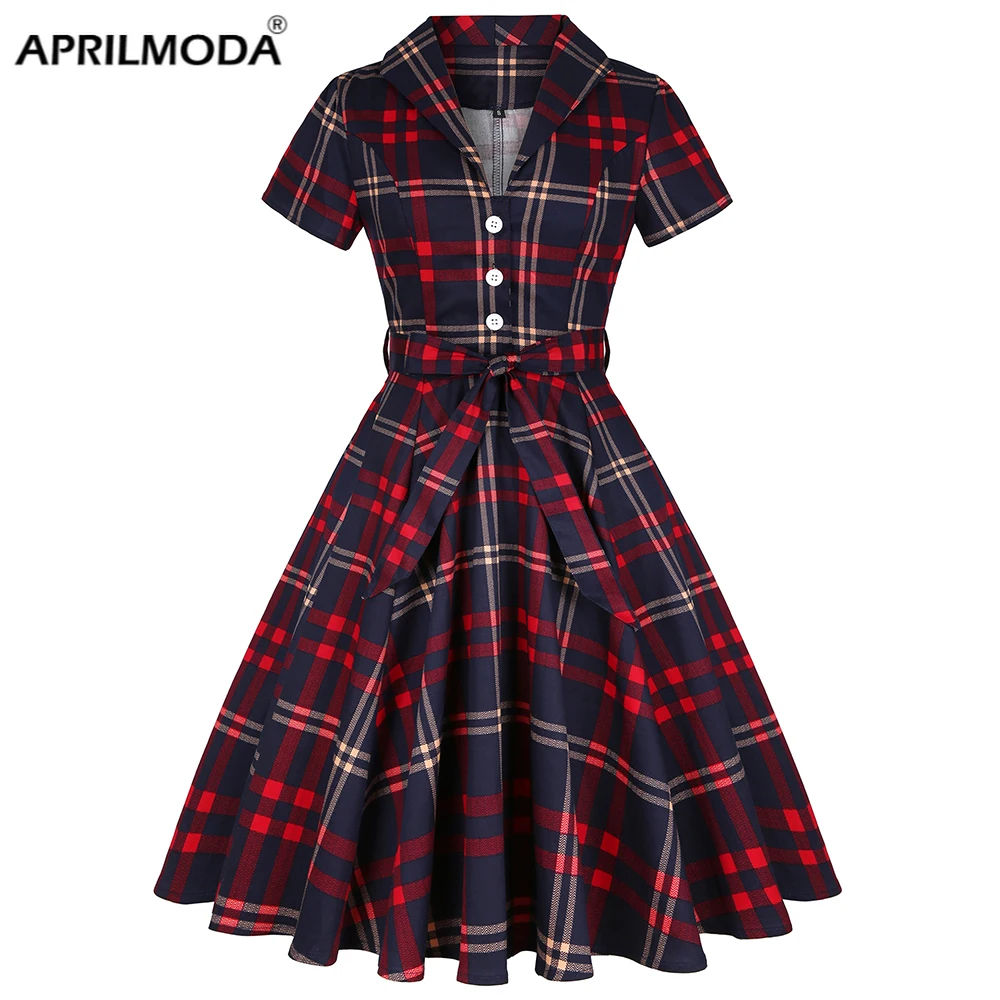 

Retro Vintage Women Summer Women Dress 2021 Plaid Printed England Style Large Size Sundress 50s 60s Pin Up Swing Casual Dresses