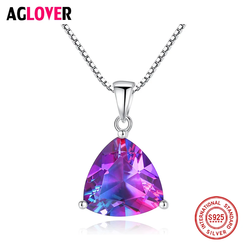 

AGLOVER 925 Sterling Silver Rainbow Zircon Triangle Pendant Necklace For Woman Statement Necklace Romantic Wedding Jewelry Gift