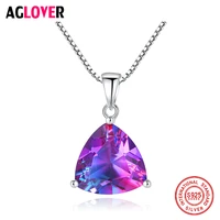 aglover 925 sterling silver rainbow zircon triangle pendant necklace for woman statement necklace romantic wedding jewelry gift