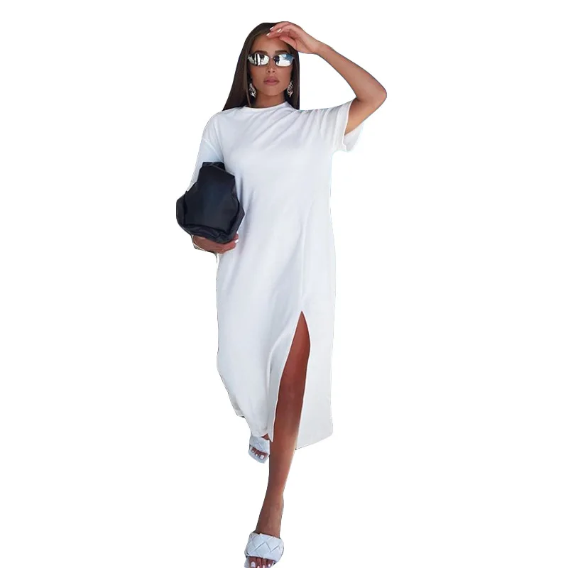 

Explosive European and American Dress Women's Simple Casual Pure White Split One-step Skirt Mid-length Style Dress Summer