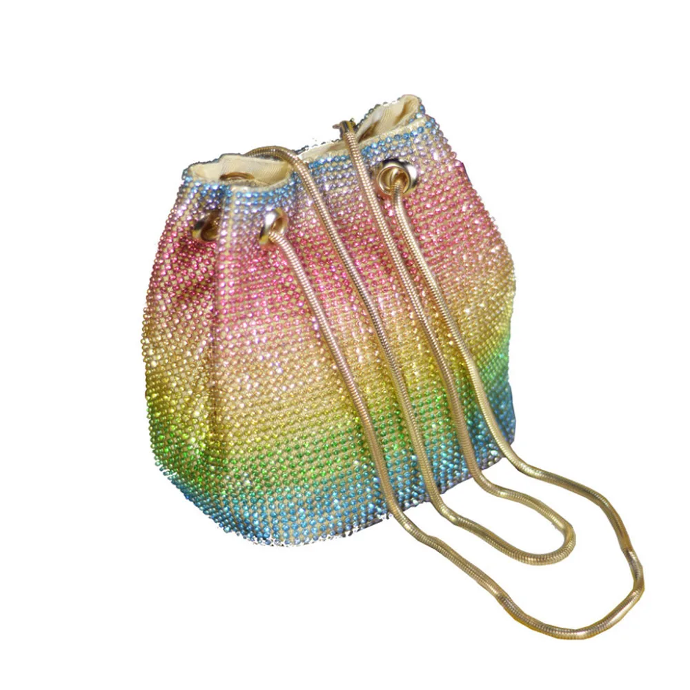

Women's Bag Rainbow Full Rhinestone Bucket Female Chain Handbag Diagonal Span Color Cute Party Sparkle Mini Harajuku Style Bag