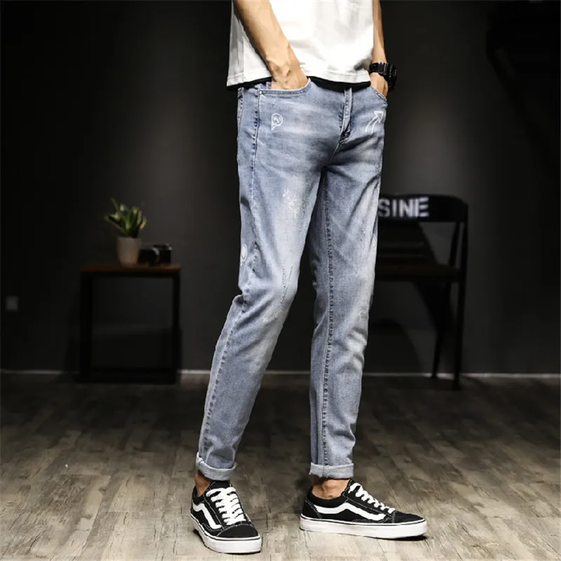 

2020 New Korean Style Elasticity Casual Jeans Youth Fashion All-match Street Pencil Pants Print Light Full Length Denim Pants