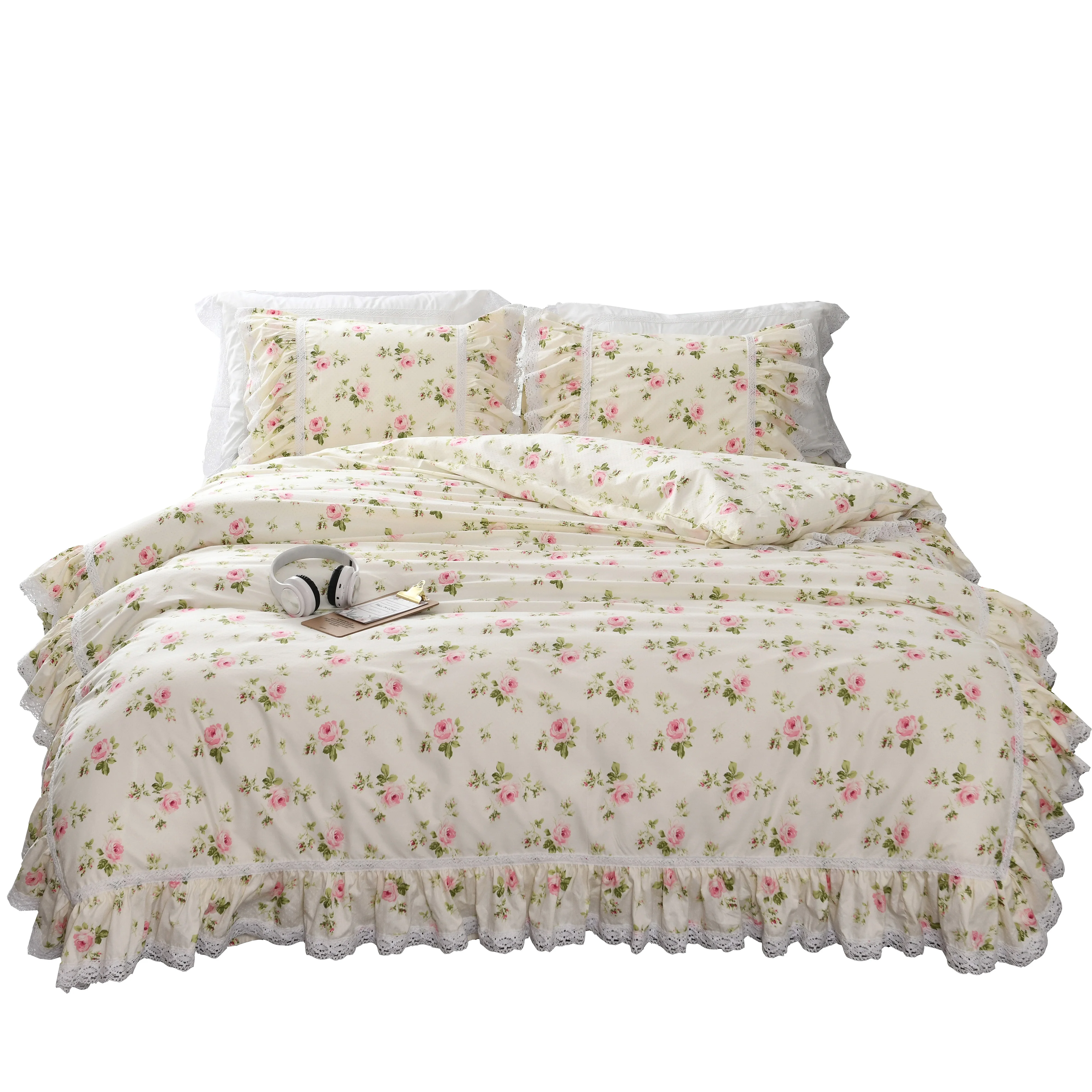 Korean Cotton princess Printed lace lotus leaf plant flower print bed spread duvet cover pillowcase bedding set HM-04F | Дом и сад