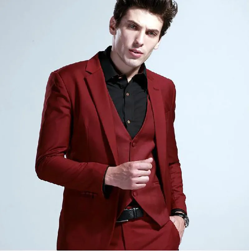 

High qulity groom suits men leisure suit three-piece groom wedding dress Wine red suit ( jacket+Pant+vest)