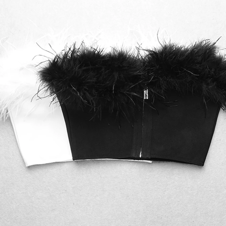 

High Quality 2021 Summer Women'S Black And White Short Top Sexy Strapless Backless Feather Celebrity Club Evening Party Top