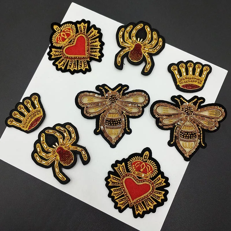 

1 Set Fashion Beaded Crown Bee Spider Heart Animal Embroidered Patches Sew on Bag Cowboy Coat Suit DIY Vintage Royal Decorated