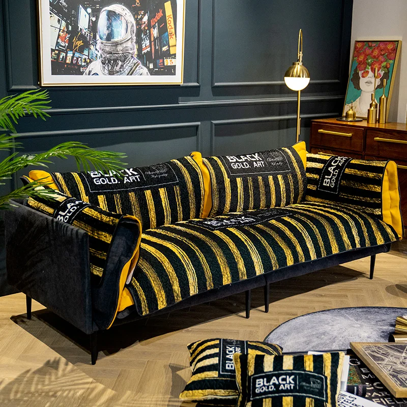 

Nordic fashion black gold sofa cushion Four seasons universal light luxury slipcover Modern sofa cover custom sofa protector