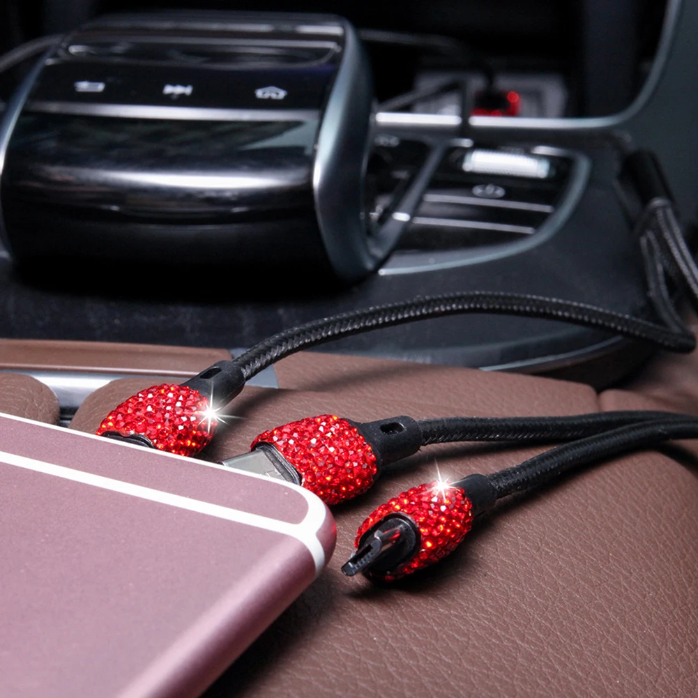 

Car Charger Adapter Quick Charge Dual USB Fast Charging +1.2 m rhinestone USB Cable For iPhone Samsung Xiaomi CellPhone In Car