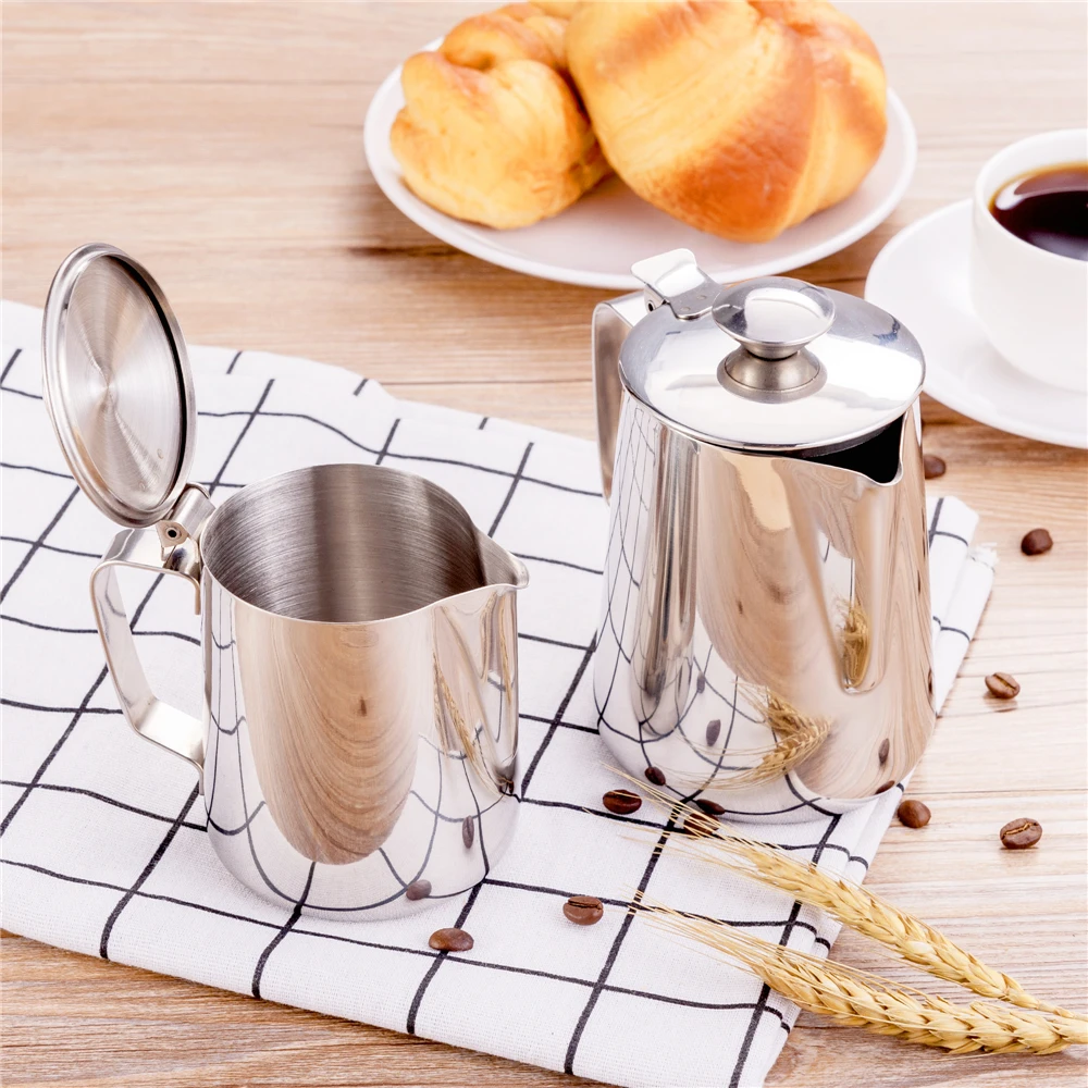 

Stainless Steel Milk Frothing Pitcher with Lid Espresso Coffee Barista Craft Latte Cappuccino Milk Cream Cup Frothing Jug