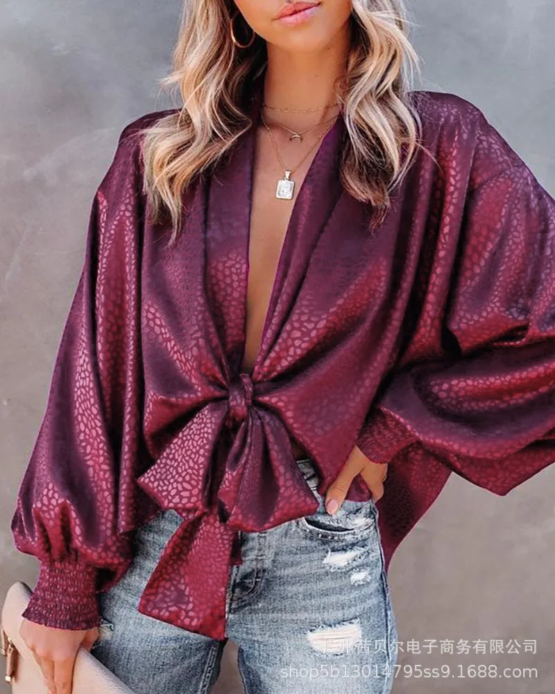 

Shirt Women Autumn Fashion Simply Elegant Purple Blouse Long Sleeve Office Casual Loose Batwing Belt Sleeve Mujer De Moda Blusas