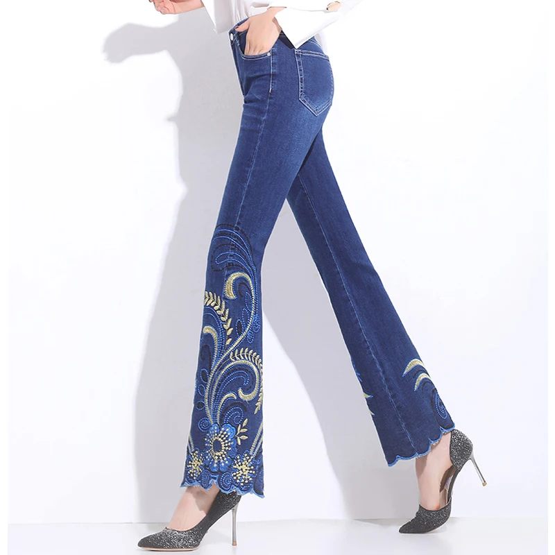 FERZIGE Women Jeans High Waist Flare Pants Embroidered Florals Blue Stretch Famous Brand Mom Trousers Femme Push Up 36 | Женская одежда