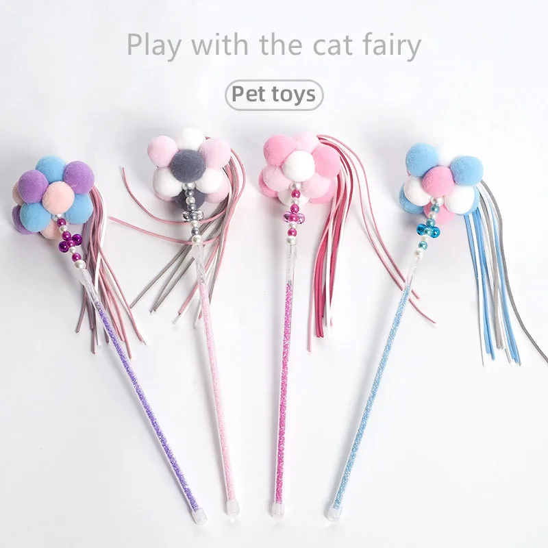 

Kitten Cat Teaser Pompom Tassels Interactive Stick Toy Chaser Wand