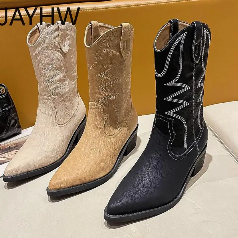 

JAYHW Women's boots new fashion winter embroidery retro knight women's Botas Mujer western mid-calf Slip On Botines De Mujer