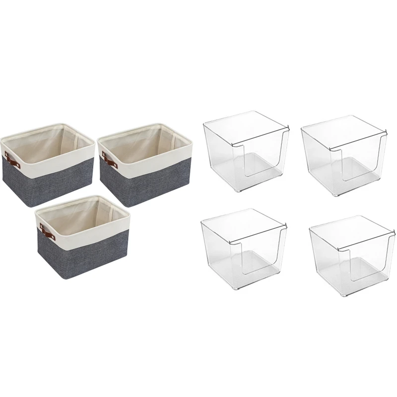 

4Pcs Clear Pantry Organizer Bins Household Food Basket Box with 3Pcs Storage Bin Rugged Canvas Fabric Square Container