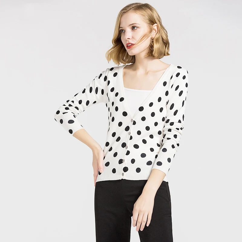 Тонкий Polkdot женский кардиган весна осень вязаный свитер пальто однобортный