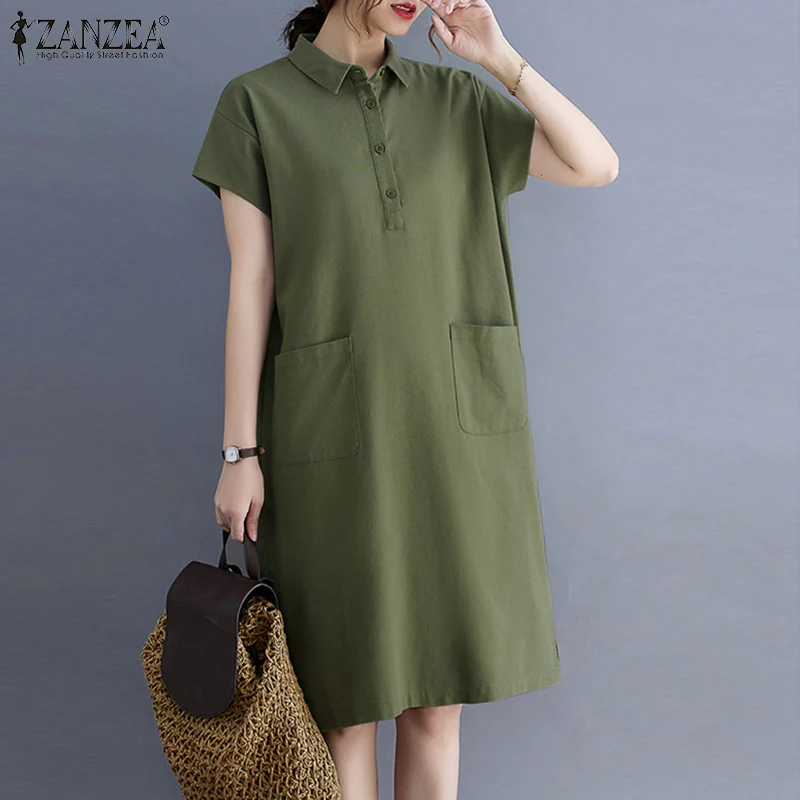

Женский летний сарафан ZANZEA, винтажное платье с коротким рукавом, свободные платья с лацканами, праздничное однотонное платье с карманами, П...