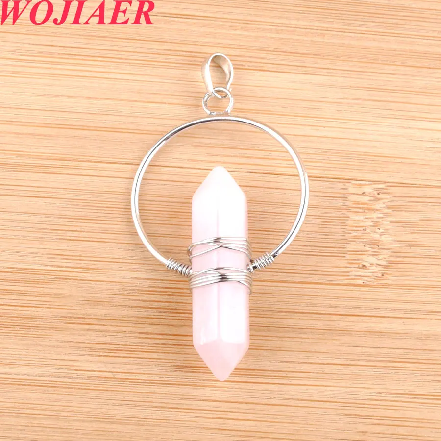 

WOJIAER Mixed 2Pcs Vintage Natural Stone Pendant Aventurines Healing Pointed Hexagon Pillar Circle Wire Wrap Dangle Women PO9065