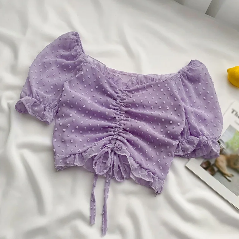 

Jlong Women Polka Dot Blouses Slash Neck Sexy Shirts Chiffon Blouses Short Shirt Cropped Tops