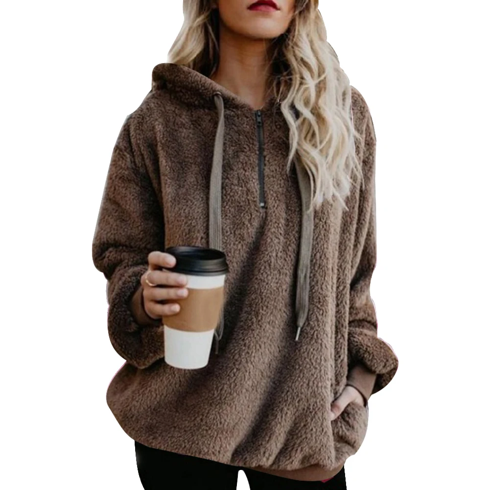 

Women Autumn Winter Fleece Hoodie Solid Color Long Sleeve Drawstring Hooded Sweatshirt Loose Ladies Pullover