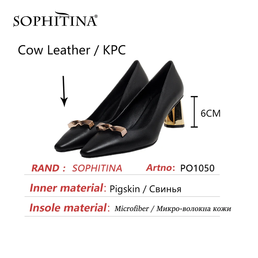 

SOPHITINA Pumps Woman Shallow Genuien Leather Metal Decoration Pointed Toe High Metal Square Heel Office Lady Shoes PO1050