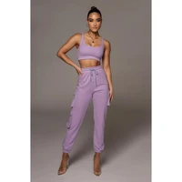 light purple coffee white black females 2 pieces tracksuit outfit sleeveless tank vest crop topmulti pockets sporty long pants