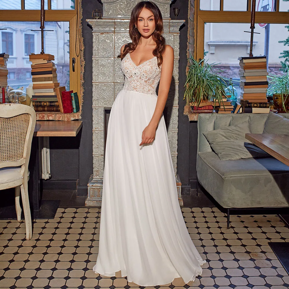 

Charming Spaghetti Straps Chiffon Boho Wedding Dress Deep V-Neck 2021 Lace Sleeveless A-Line Bridal Gowns Vestido De Noiva