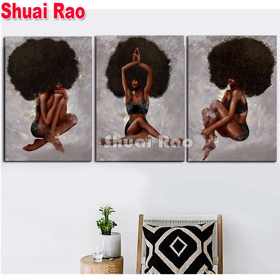 

African Woman Yoga Black Curly Hair Sexy Afro Girl Diamond embroidery 5d diy diamond painting Portrait full Round drill mosaic ,